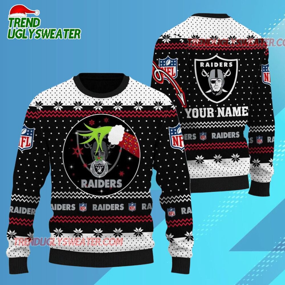 Las Vegas Raiders Nfl Grinch Hands Personalized Ugly Christmas Sweater
