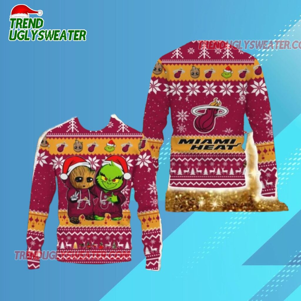 Miami Heat Baby Groot And Grinch Best Friends Ugly Christmas Sweater 1