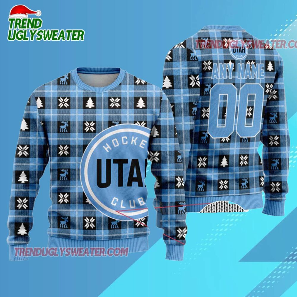 NHL Utah Hockey Club Custom Name And Number Snow Tree Ugly Christmas Ugly Sweater