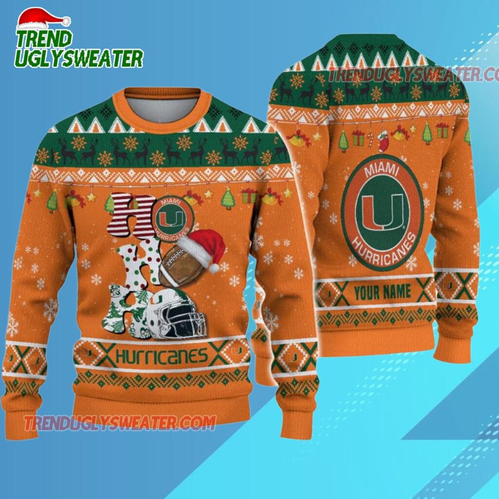 Ncaa Miami Hurricanes Football Ho Ho Ho Ugly Christmas Sweater 1