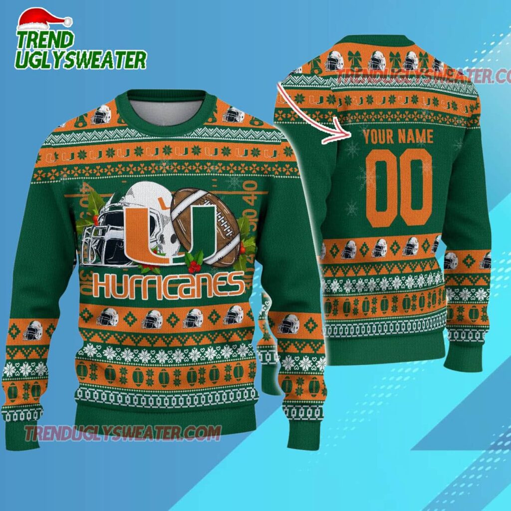 Ncaa Miami Hurricanes Logo Team Football Custom Christmas Ugly Sweater 1