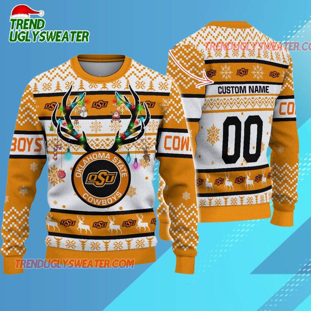 Ncaa Oklahoma State Cowboys Special Reindeer Light Ugly Christmas Sweater 1
