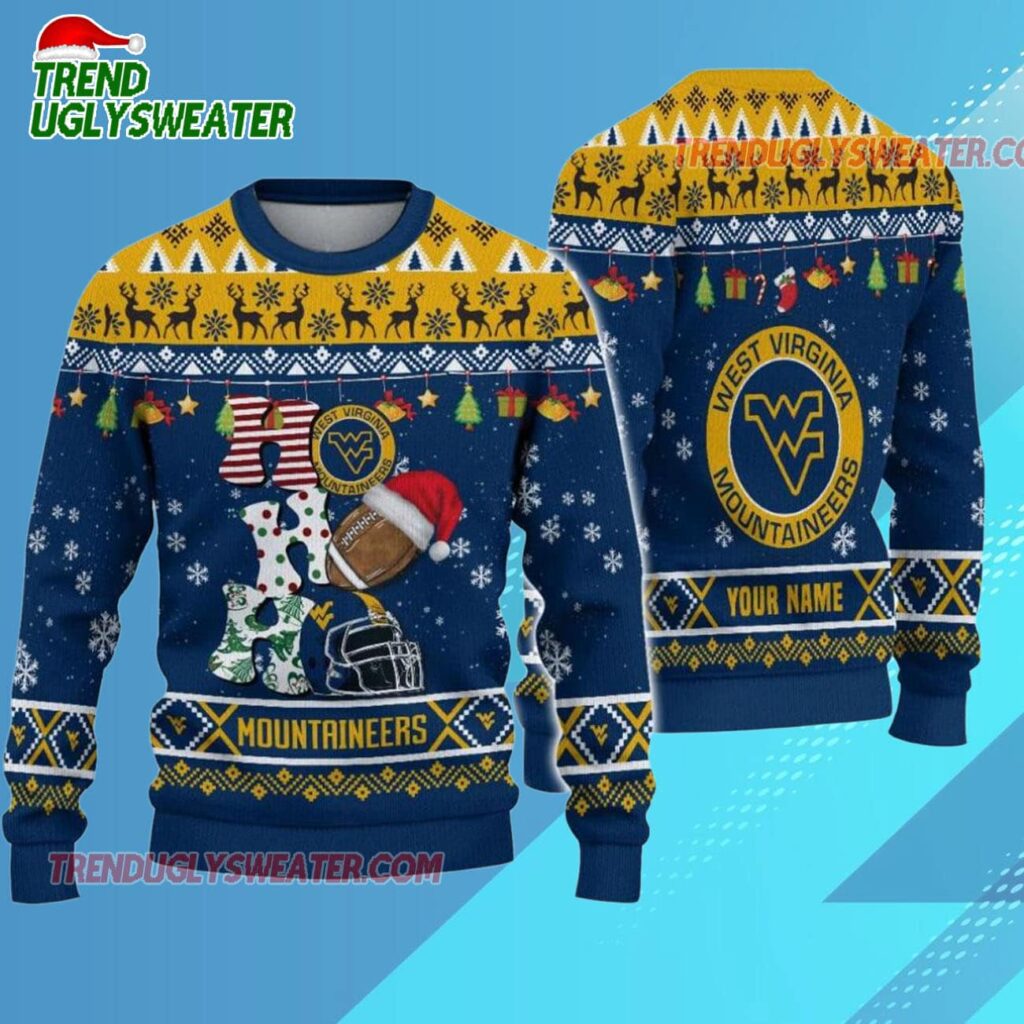 Ncaa West Virginia Mountaineers Football Ho Ho Ho Ugly Christmas Sweater 1