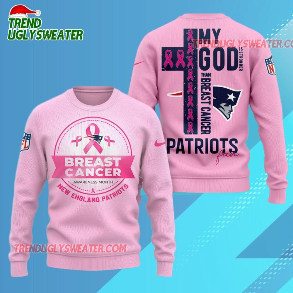 New England Patriots 2025 Nfl My God Is Stronger Than Breast Cancer Chritmas Sweater