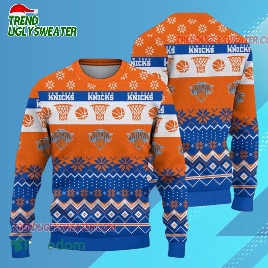 New York Knicks Snowfall Hoops Ugly Christmas Sweater 1
