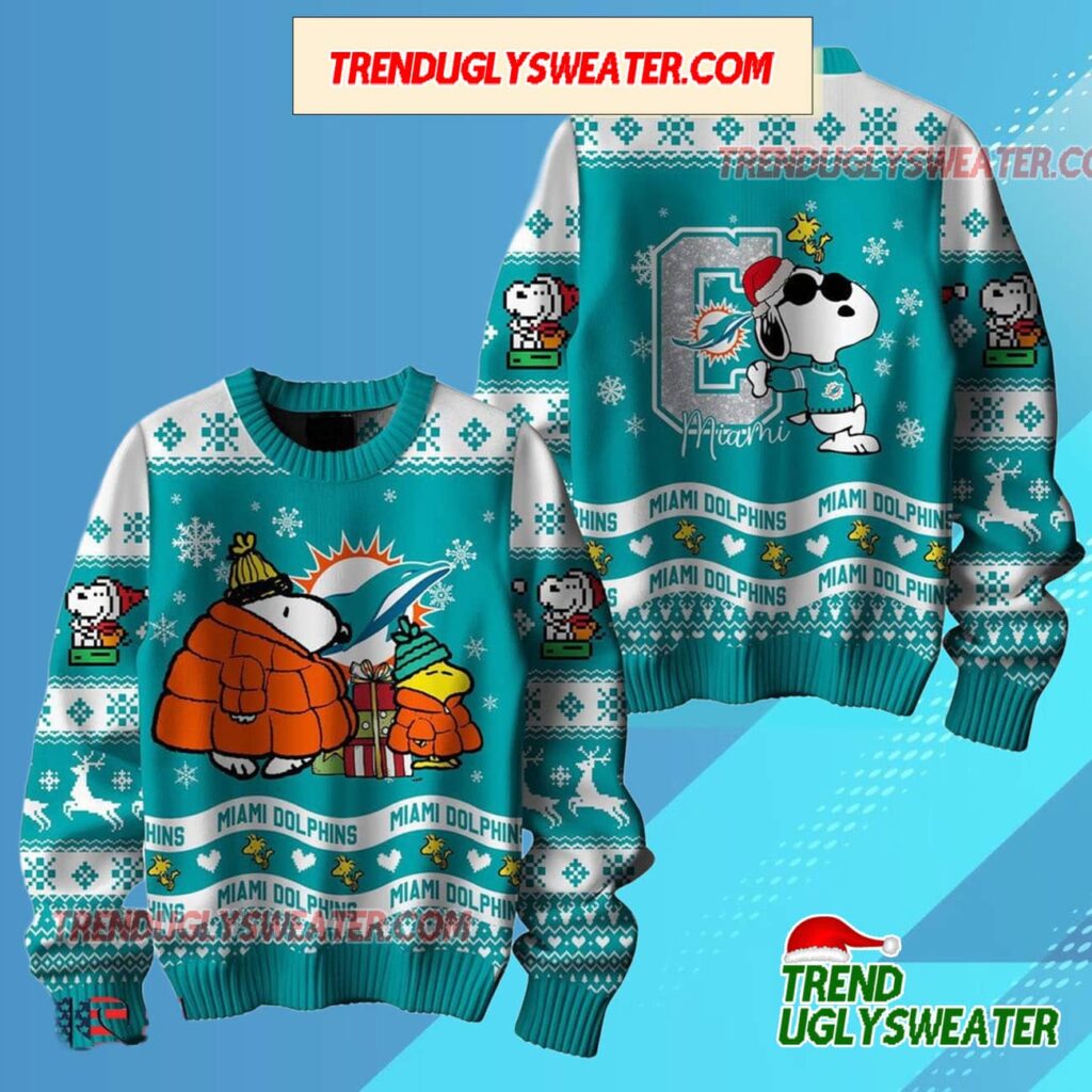 Nfl Miami Dolphins X Peanuts Snoopy New Design 2025 Ugly Christmas Sweater