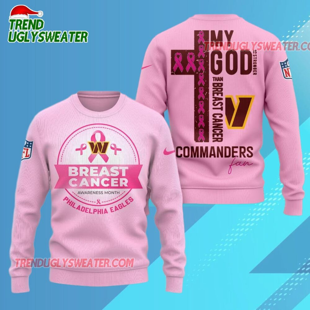 Washington Commanders 2025 Nfl My God Is Stronger Than Breast Cancer Chritmas Sweater