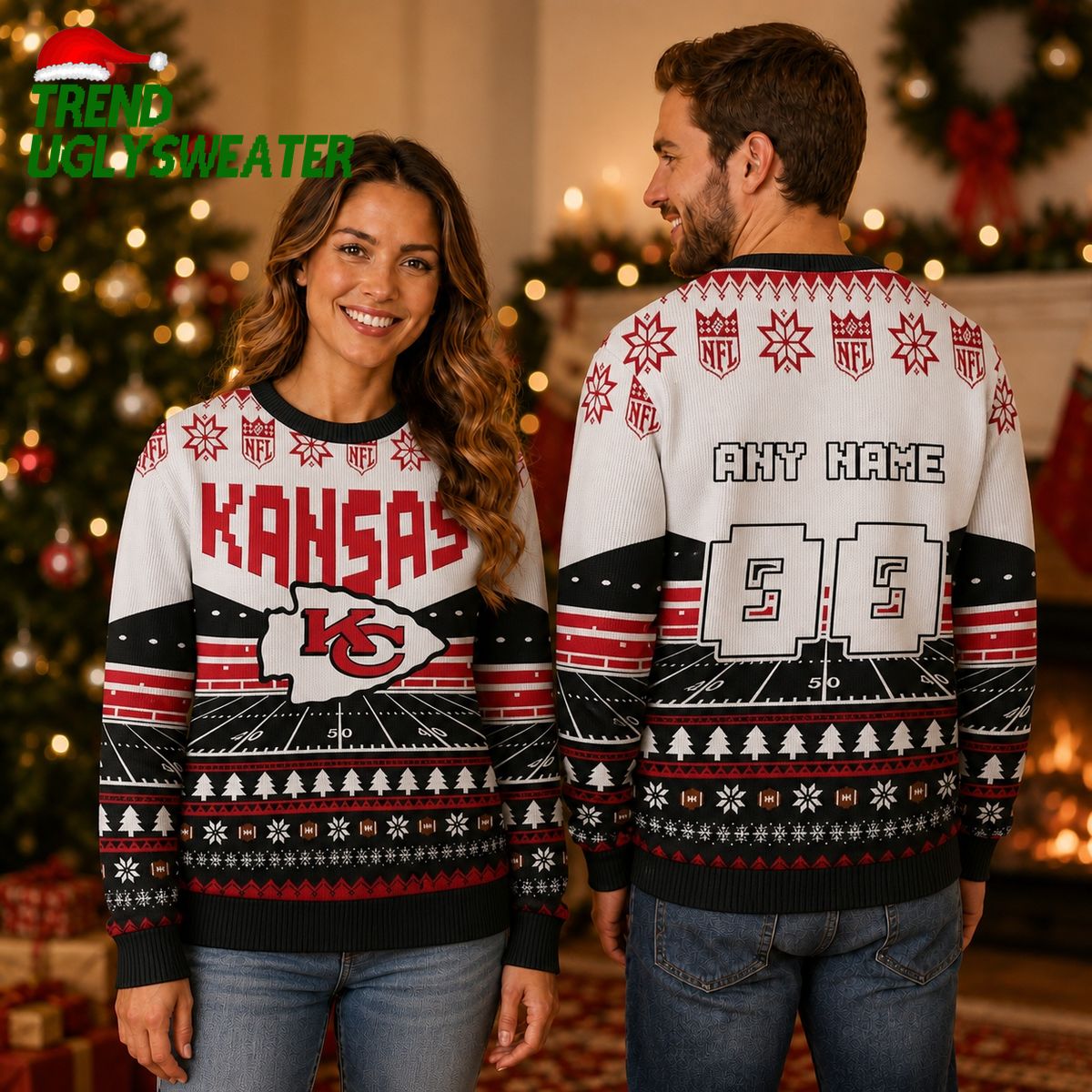 Custom Name Number Nfl Kansas City Chiefs Rugby Stadium Ugly Christmas Sweater Custom Name Number Nfl Kansas City Chiefs Rugby Stadium Ugly Christmas Sweater