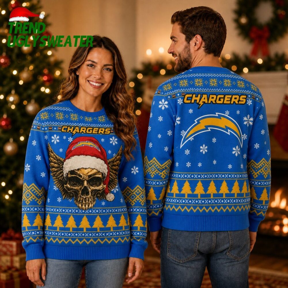 Los Angeles Chargers Winged Skull Santa Hat Ugly Christmas Sweater 3 Los Angeles Chargers Winged Skull Santa Hat Ugly Christmas Sweater