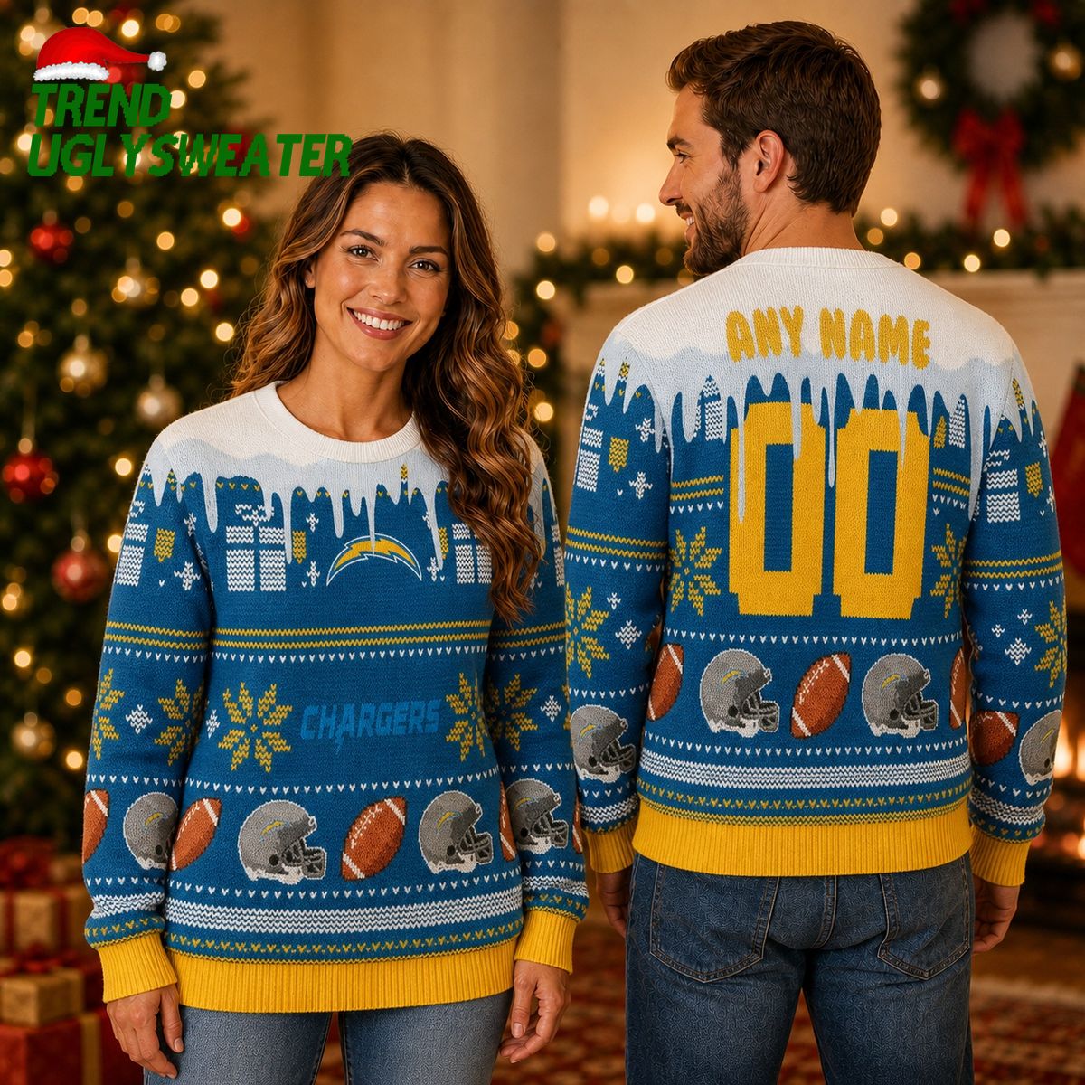 Personalized Los Angeles Chargers Melting Snow Custom Name and Number Ugly Christmas Sweater Personalized Los Angeles Chargers Melting Snow Custom Name and Number Ugly Christmas Sweater