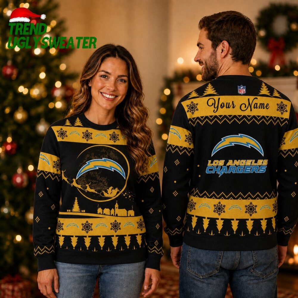 Personalized Los Angeles Chargers Santa Sleigh Black and Gold Ugly Christmas Sweater