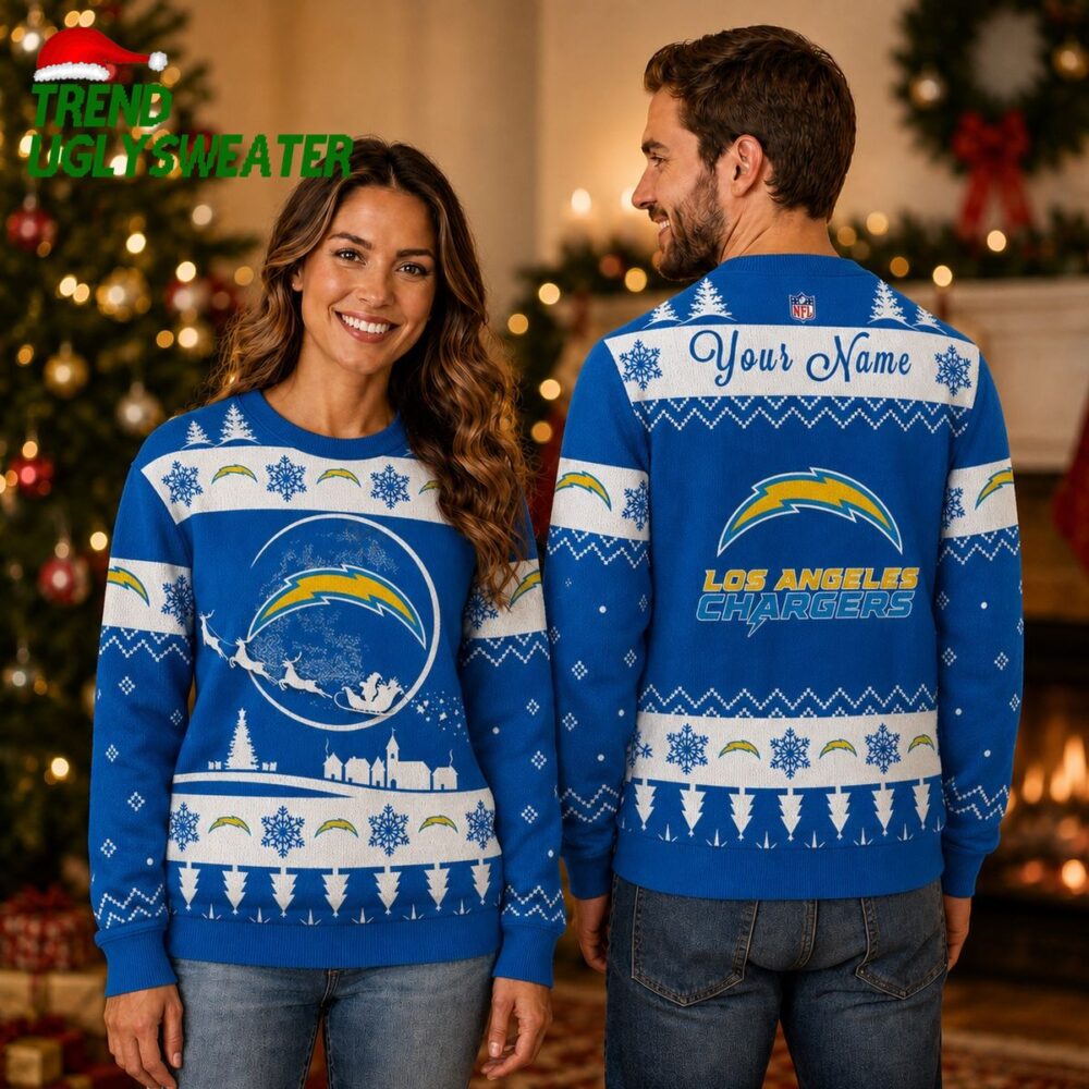 Personalized Los Angeles Chargers Santa Sleigh Blue Ugly Christmas Sweater