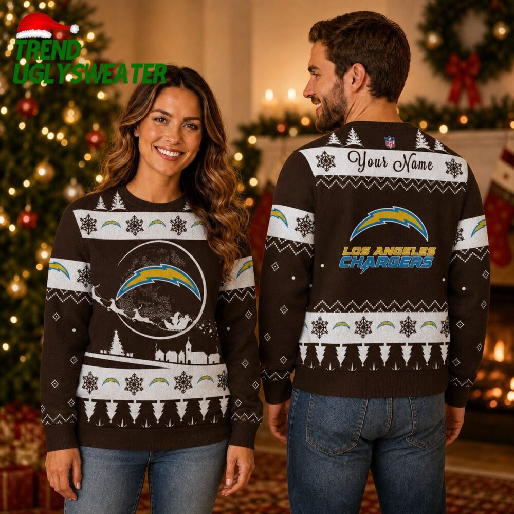 Personalized Los Angeles Chargers Santa Sleigh Dark Brown Ugly Christmas Sweater