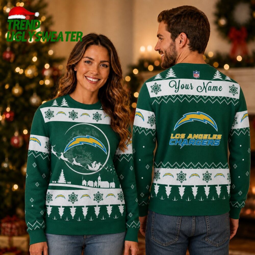Personalized Los Angeles Chargers Santa Sleigh Dark Green Ugly Christmas Sweater