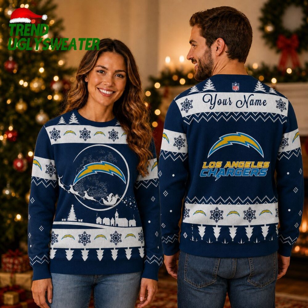 Personalized Los Angeles Chargers Santa Sleigh Navy Ugly Christmas Sweater