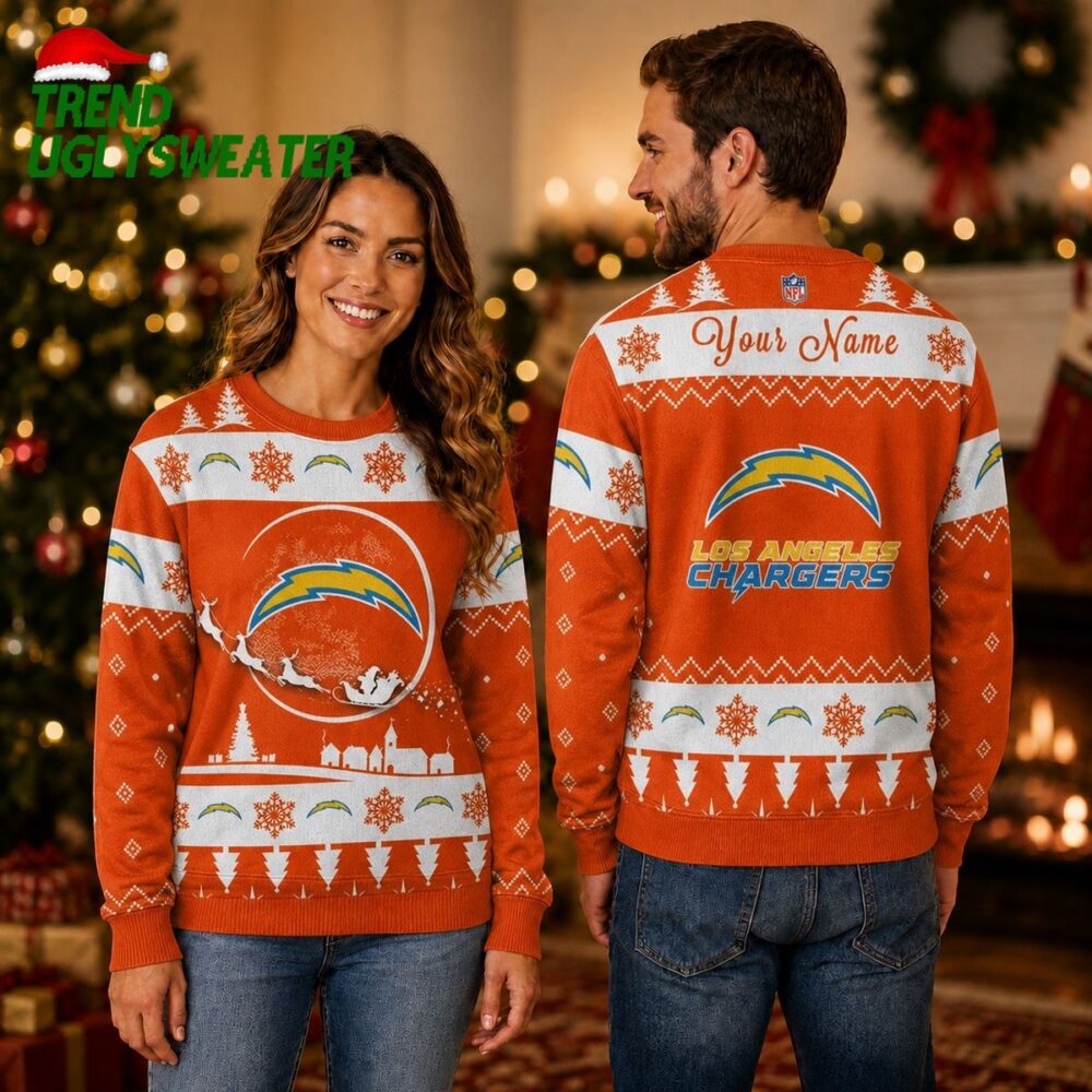 Personalized Los Angeles Chargers Santa Sleigh Orange Ugly Christmas Sweater