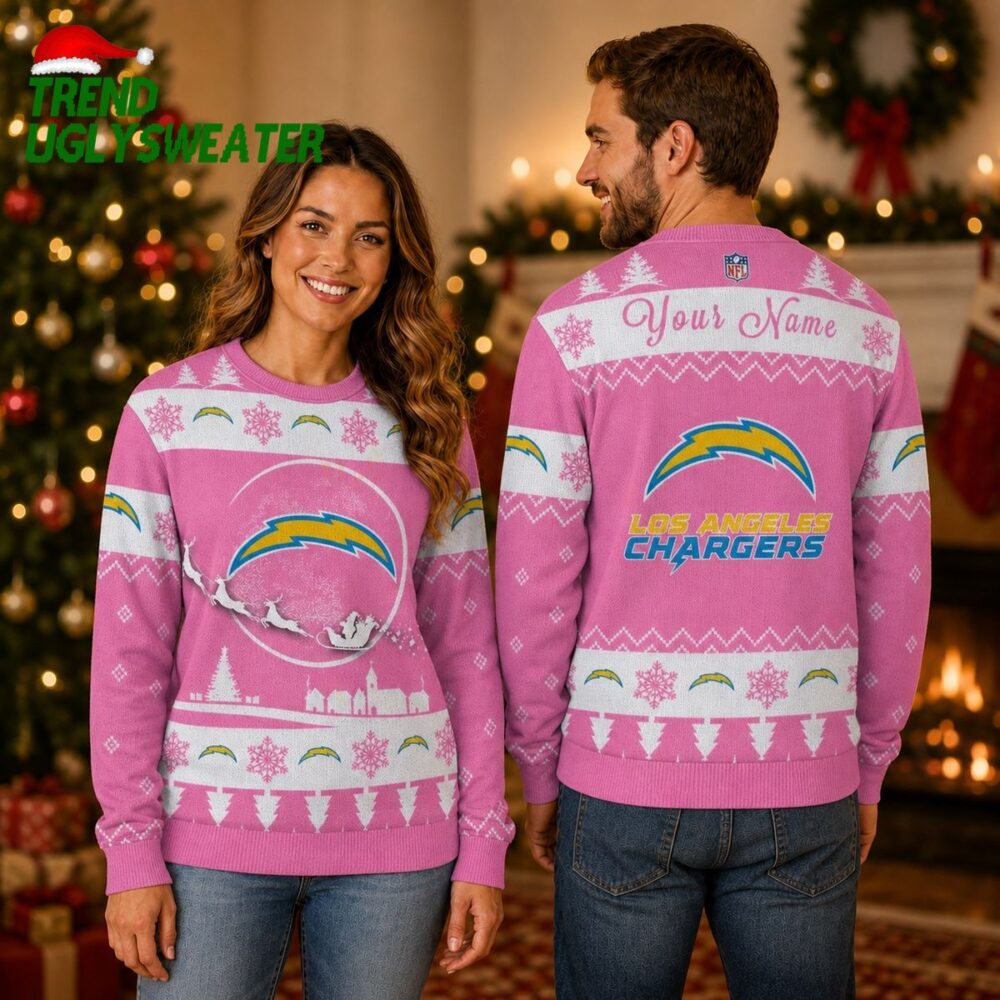 Personalized Los Angeles Chargers Santa Sleigh Pink Ugly Christmas Sweater