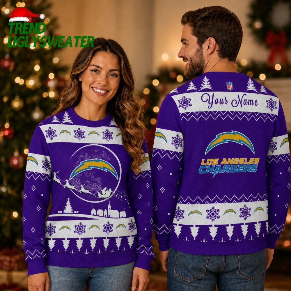 Personalized Los Angeles Chargers Santa Sleigh Purple Ugly Christmas Sweater