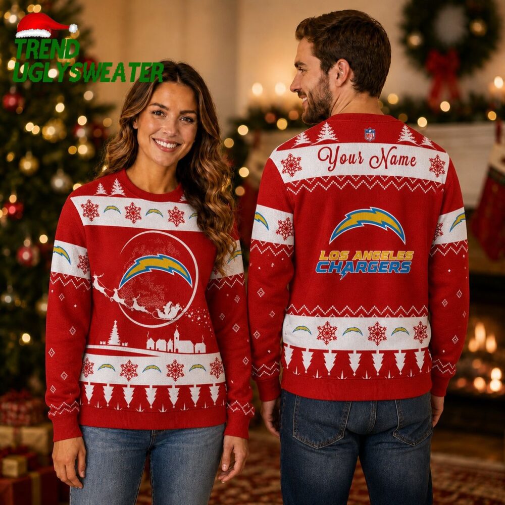 Personalized Los Angeles Chargers Santa Sleigh Red Ugly Christmas Sweater