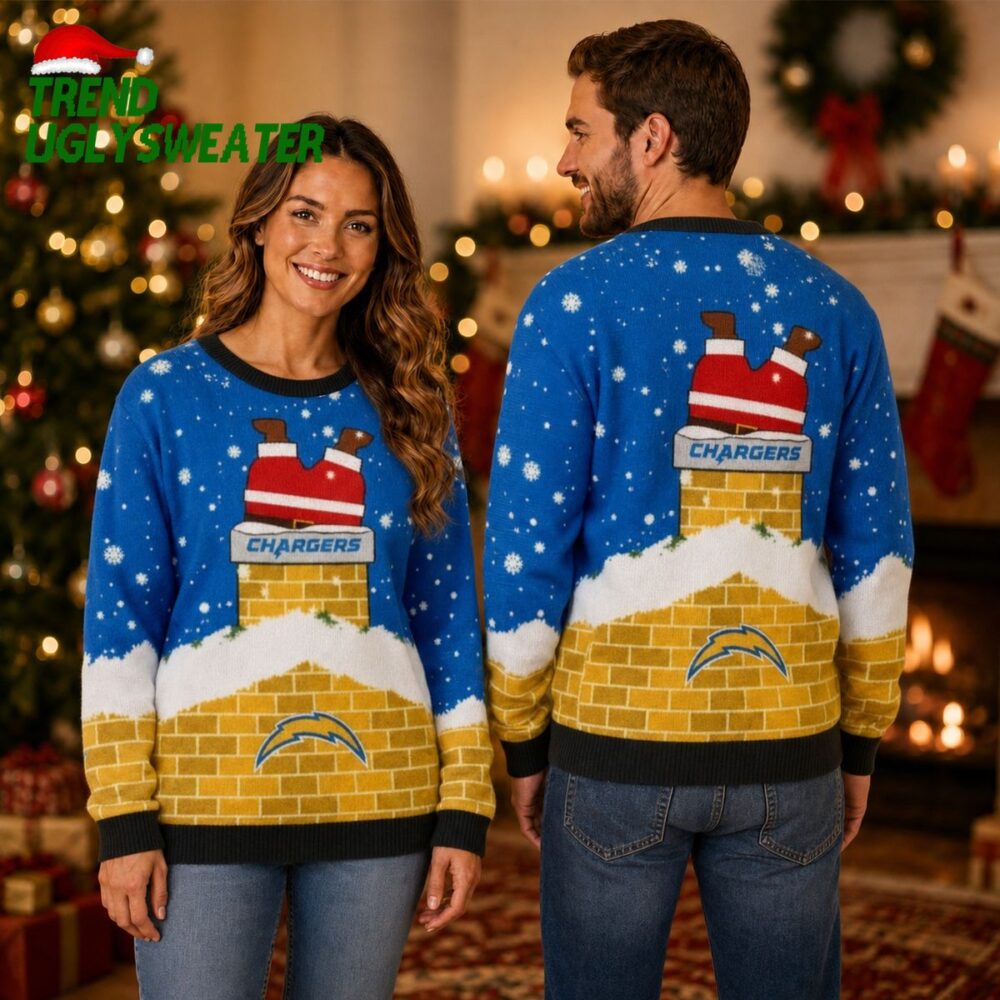 Personalized Los Angeles Chargers Santa Stuck in Chimney Custom Name Ugly Christmas Sweater