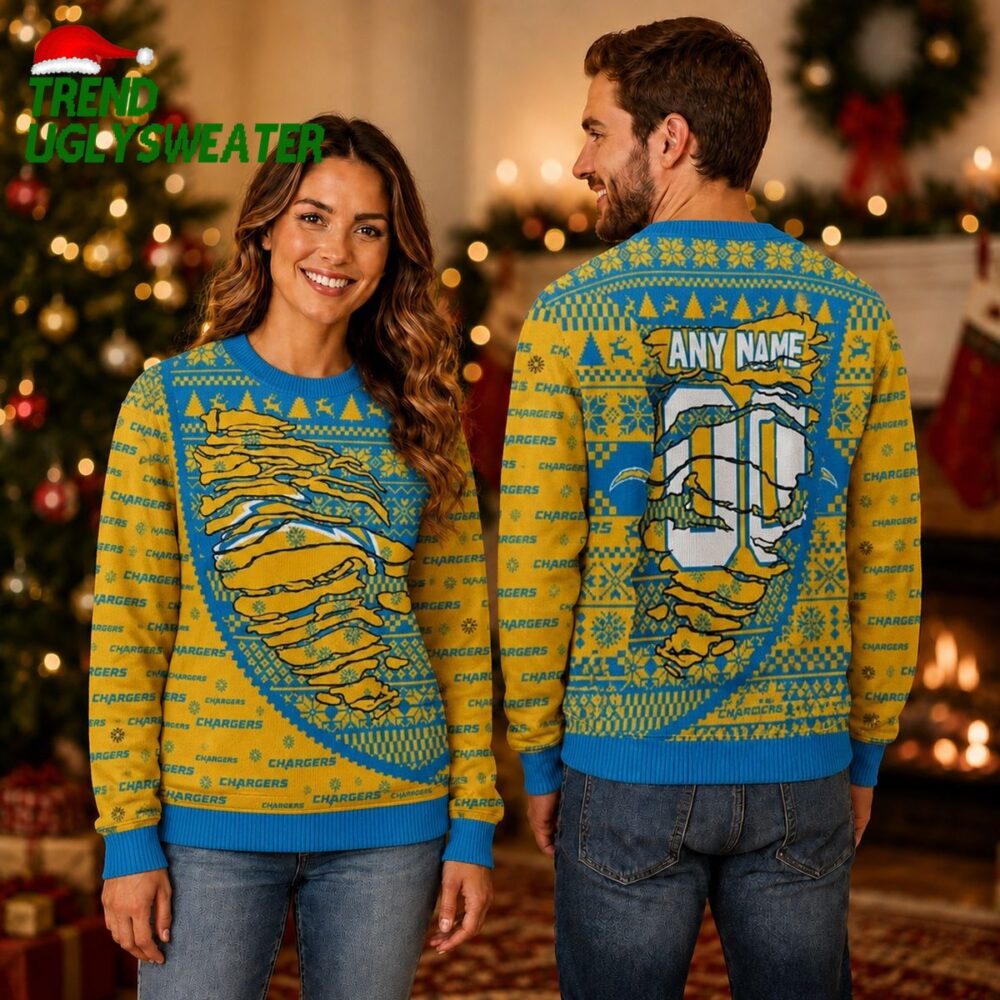 Personalized Los Angeles Chargers Skeleton Heart Hands Custom Name Ugly Christmas Sweater