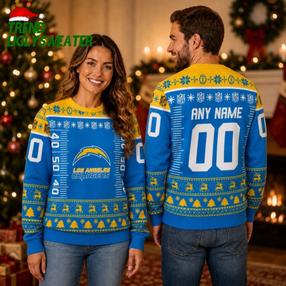 Personalized Los Angeles Chargers Yard Line Custom Name and Number Ugly Christmas Sweater