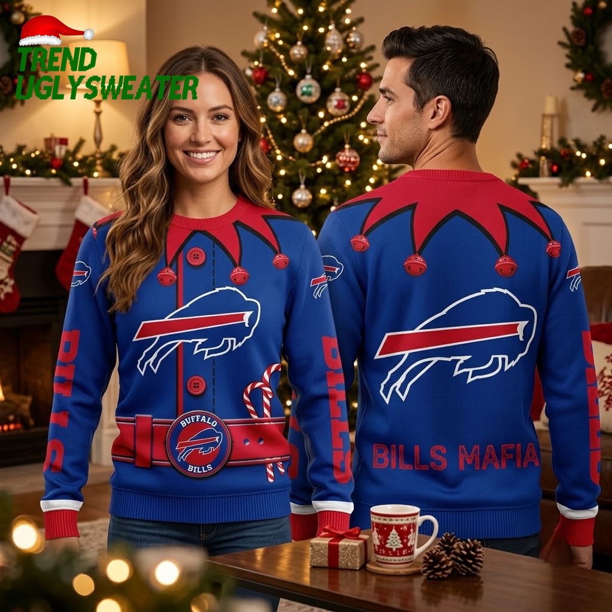 buffalo bills jester collar and candy cane ugly christmas sweater buffalo bills jester collar and candy cane ugly christmas sweater