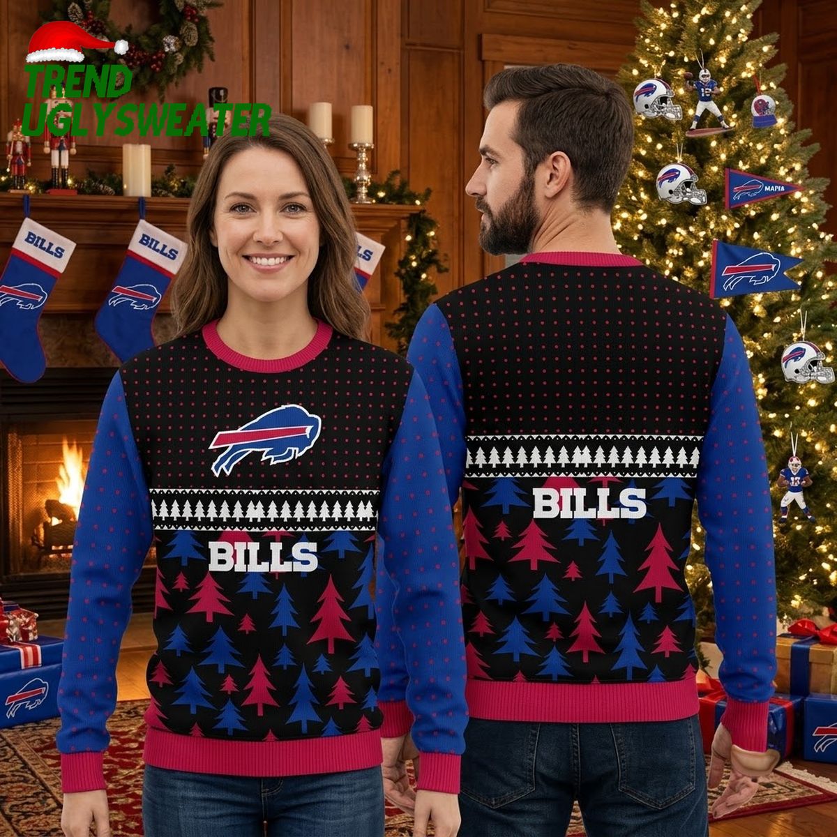 buffalo bills logo and tree pattern ugly christmas sweater buffalo bills logo and tree pattern ugly christmas sweater