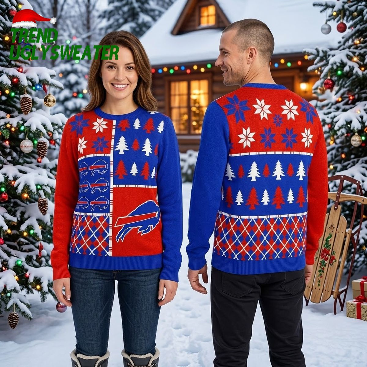buffalo bills patchwork logo and tree pattern christmas sweater buffalo bills patchwork logo and tree pattern christmas sweater