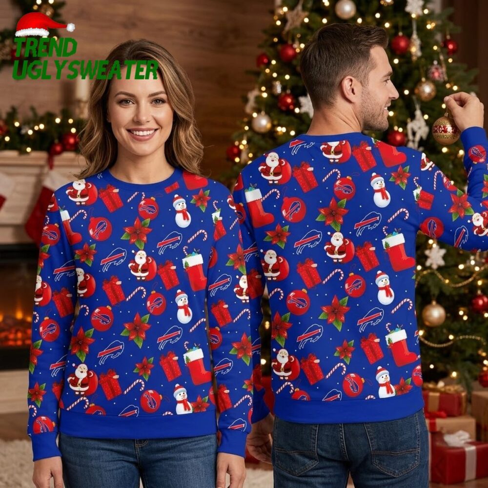 buffalo bills santa claus snowman pattern ugly christmas sweater