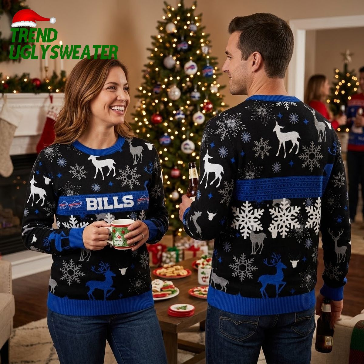 buffalo bills snowflakes and reindeer ugly christmas sweater buffalo bills snowflakes and reindeer ugly christmas sweater