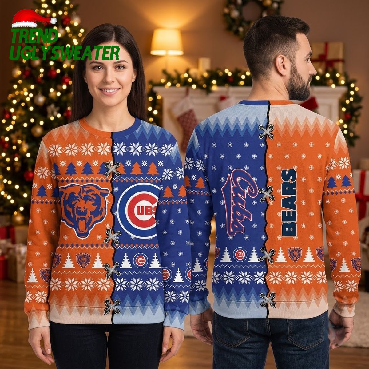 chicago bears cubs split logo snowflake ugly christmas sweater chicago bears cubs split logo snowflake ugly christmas sweater