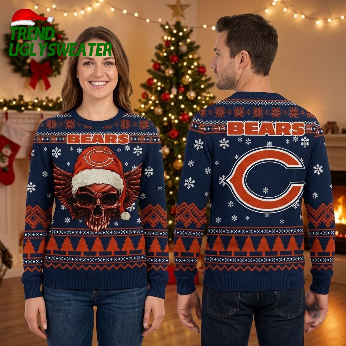 chicago bears santa hat winged skull ugly christmas sweater chicago bears santa hat winged skull ugly christmas sweater