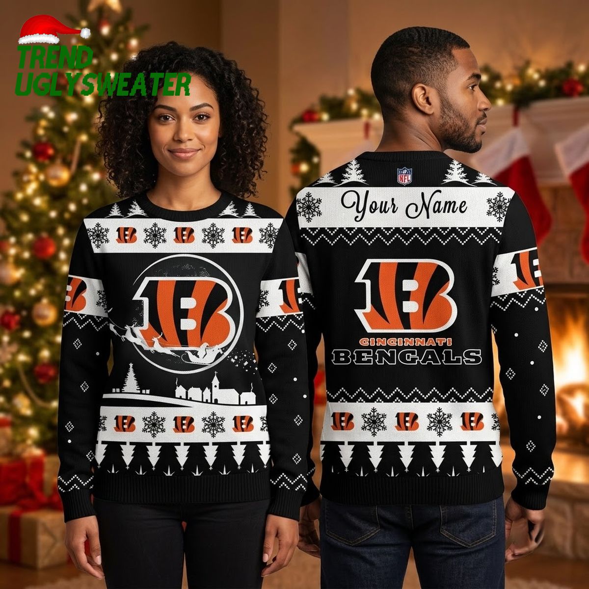 cincinnati bengals custom name snowflake logo ugly christmas sweater bengals fan gift cincinnati bengals custom name snowflake logo ugly christmas sweater bengals fan gift
