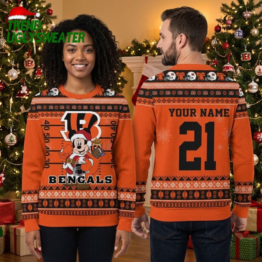 cincinnati bengals mickey mouse santa ugly christmas sweater with custom name and number