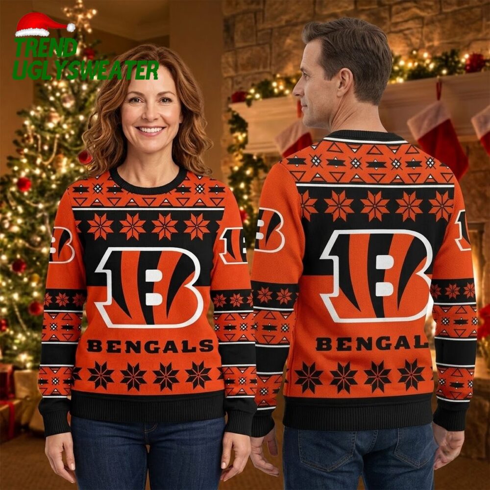 cincinnati bengals snowflake pattern ugly christmas sweater