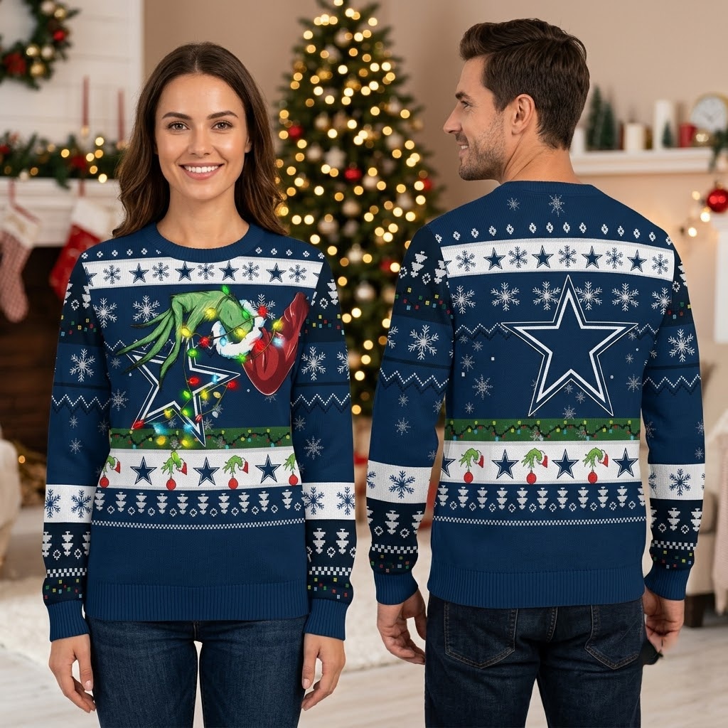 dallas cowboys grinch hand football christmas lights ugly christmas sweater dallas cowboys grinch hand football christmas lights ugly christmas sweater