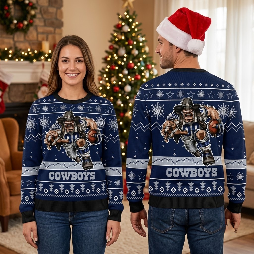 dallas cowboys rushing cowboy football player ugly christmas sweater dallas cowboys rushing cowboy football player ugly christmas sweater