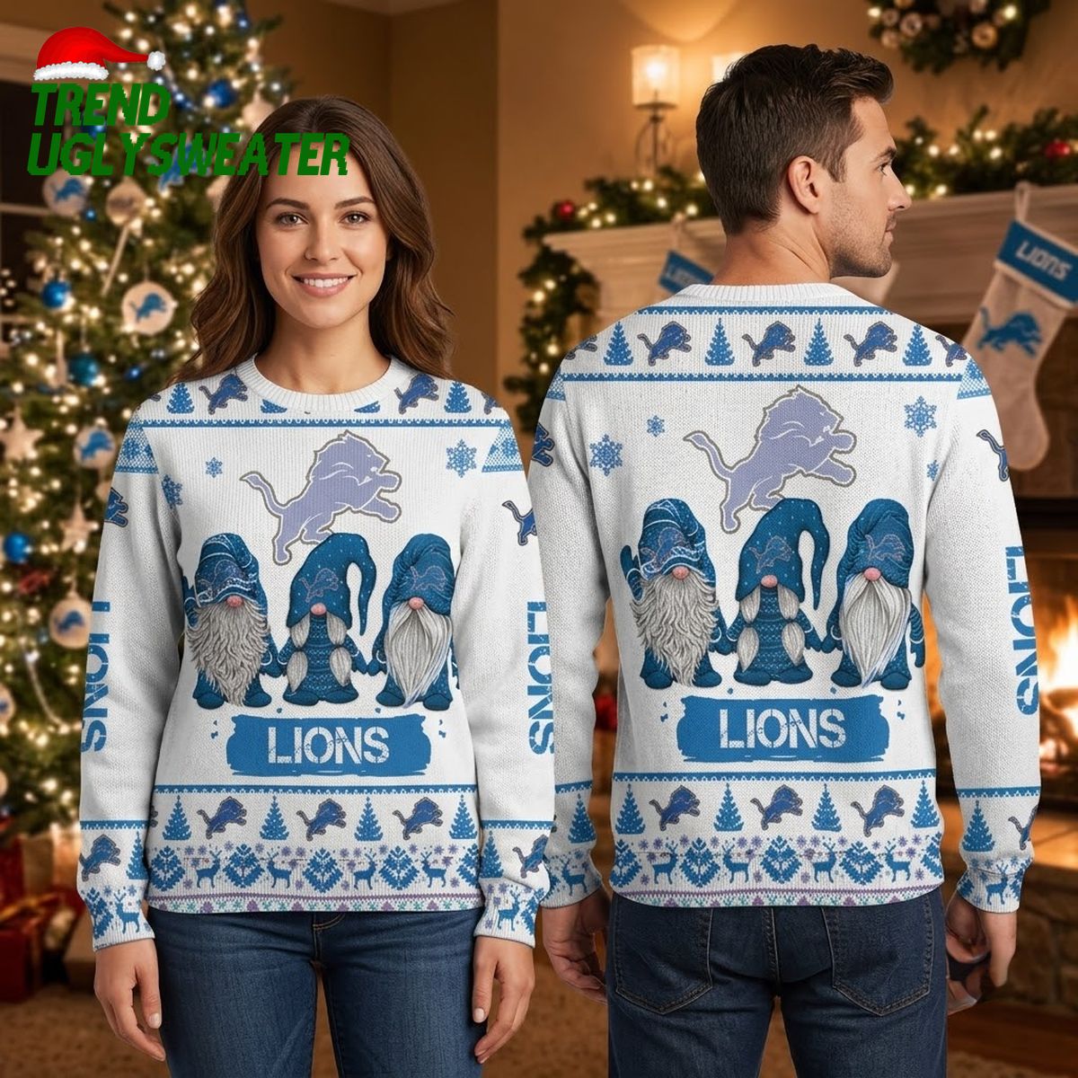 detroit lions christmas gnomes and leaping lion ugly christmas sweater detroit lions christmas gnomes and leaping lion ugly christmas sweater