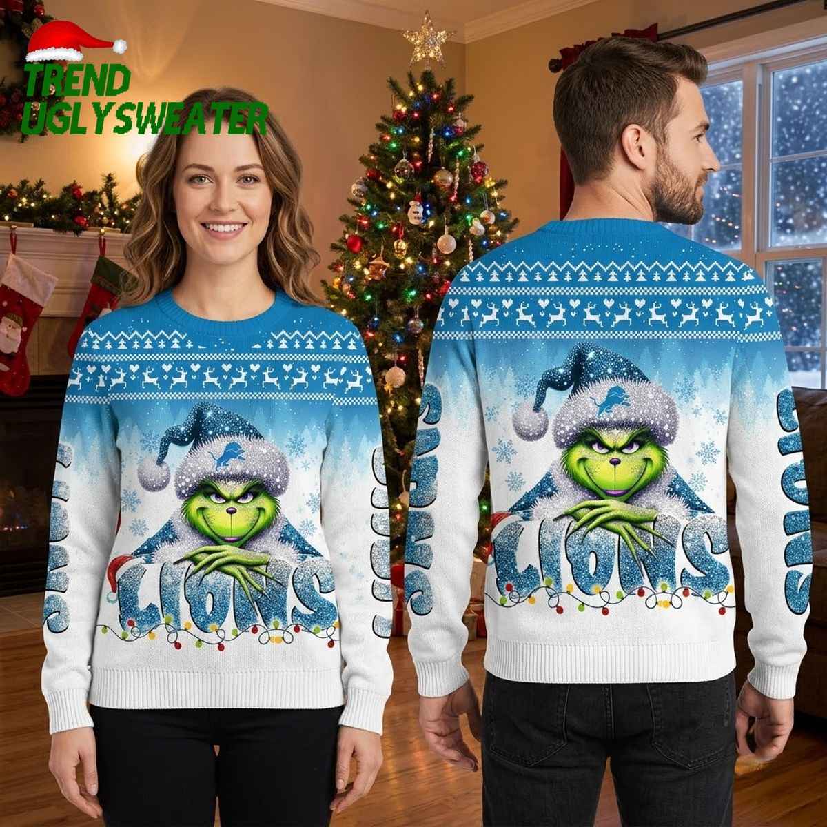 detroit lions grinch santa hat and christmas lights ugly christmas sweater detroit lions grinch santa hat and christmas lights ugly christmas sweater