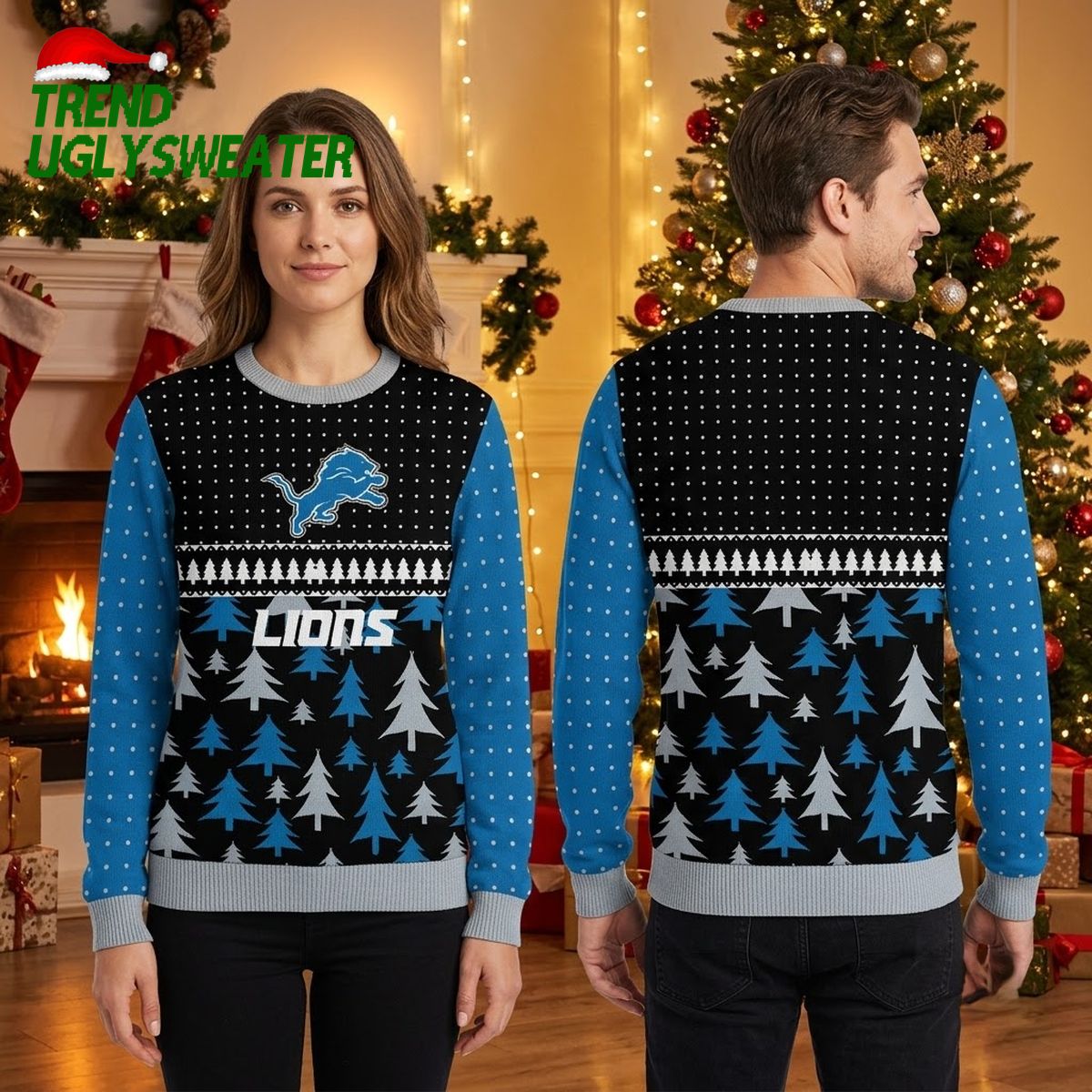 detroit lions leaping lion and christmas trees ugly christmas sweater detroit lions leaping lion and christmas trees ugly christmas sweater