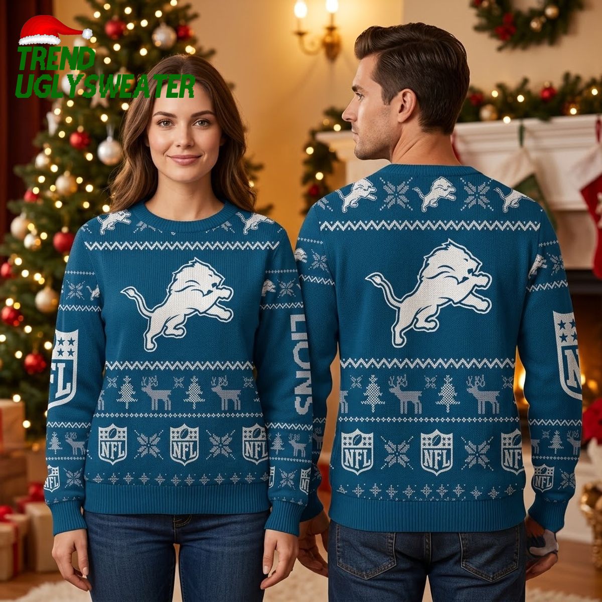 detroit lions leaping lion reindeer pattern ugly christmas sweater detroit lions leaping lion reindeer pattern ugly christmas sweater