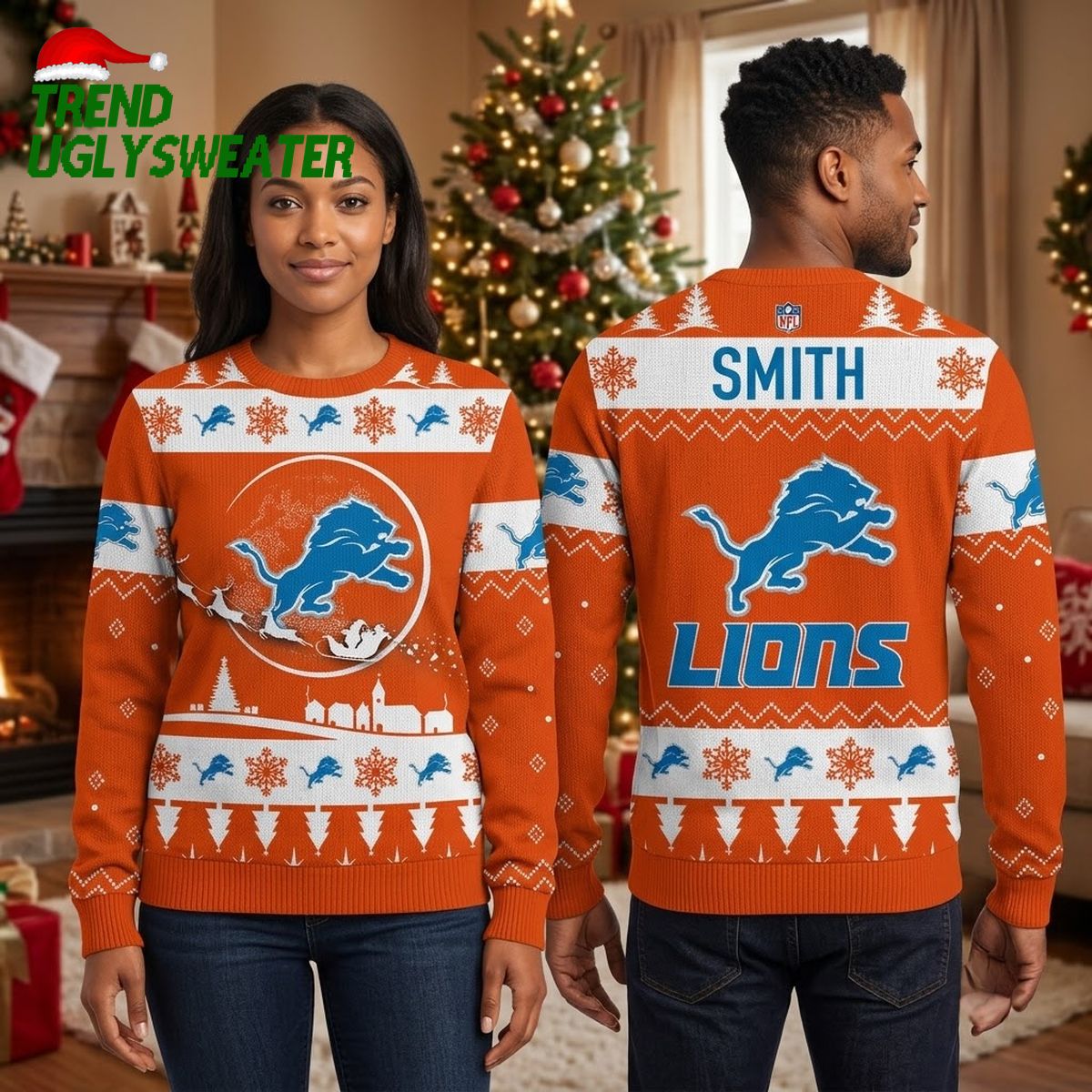 detroit lions leaping lion snowy village ugly christmas sweater detroit lions leaping lion snowy village ugly christmas sweater