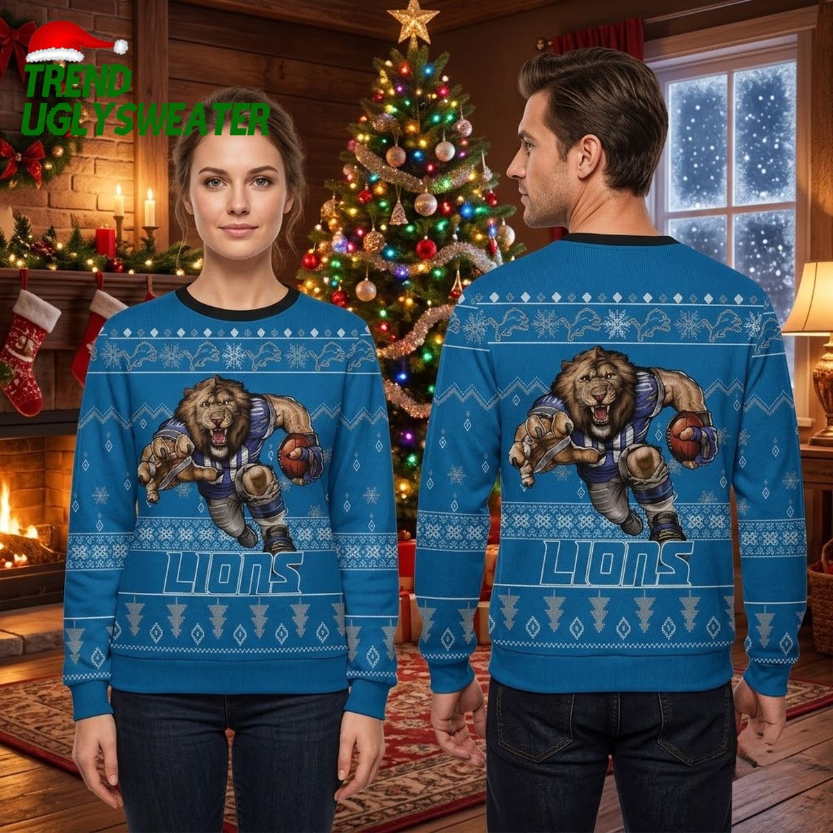 detroit lions rushing lion football player ugly christmas sweater detroit lions rushing lion football player ugly christmas sweater
