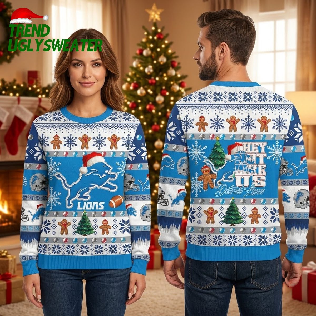 detroit lions santa hat mascot gingerbread snowflake ugly christmas sweater detroit lions santa hat mascot gingerbread snowflake ugly christmas sweater