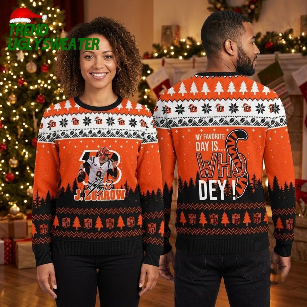 joe burrow 9 cincinnati bengals who dey ugly christmas sweater