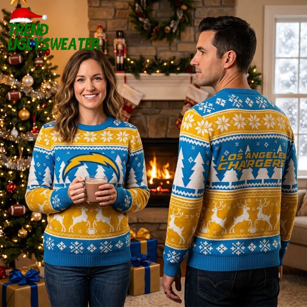 los angeles chargers reindeer pattern ugly christmas sweater los angeles chargers reindeer pattern ugly christmas sweater