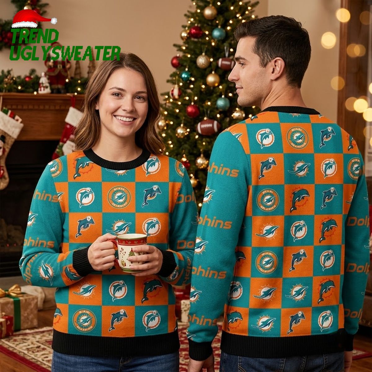 miami dolphins checkered flannel logo ugly christmas sweater miami dolphins checkered flannel logo ugly christmas sweater