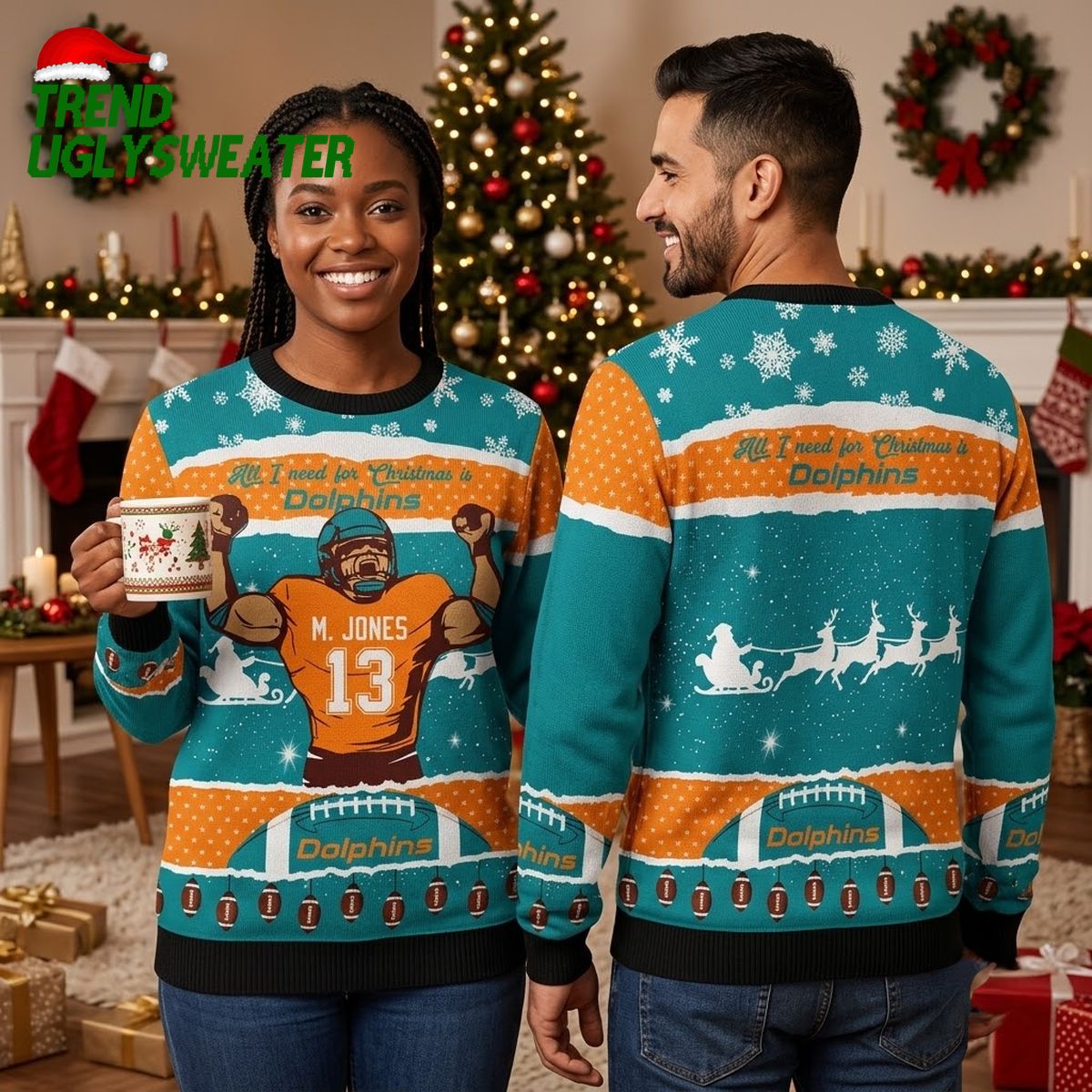 miami dolphins christmas sweater with santa and player design miami dolphins christmas sweater with santa and player design