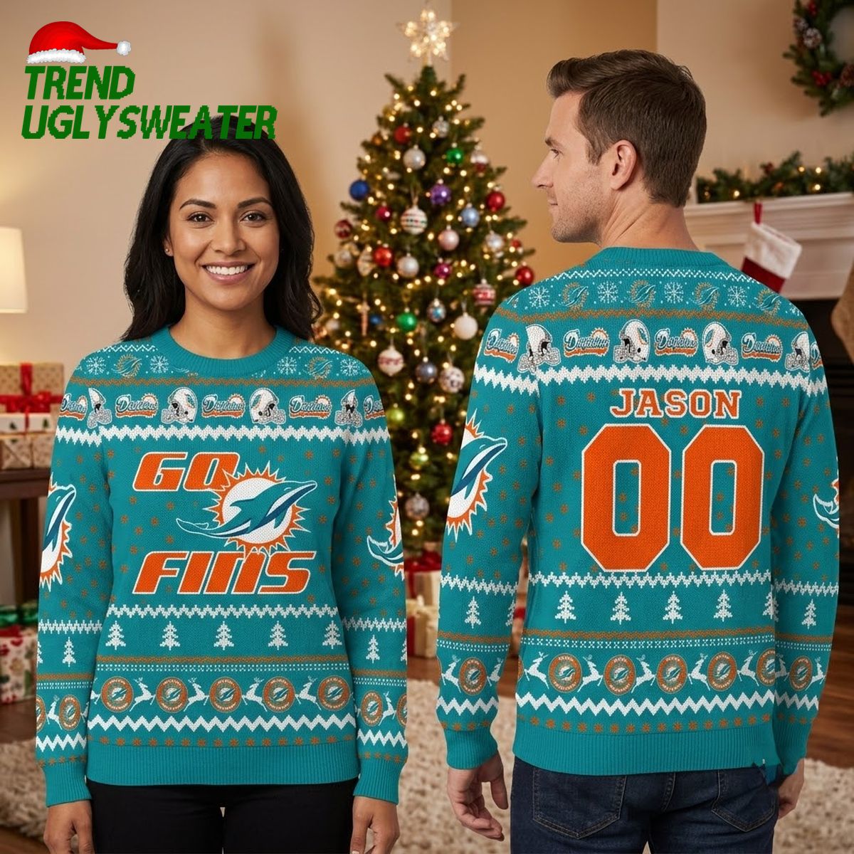 miami dolphins custom name and number ugly christmas sweater miami dolphins custom name and number ugly christmas sweater